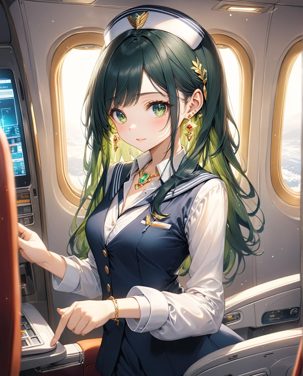 (Highest quality,8k,32K,masterpiece,Ultra-high resolution :1.2 ),born,One girl,Super cute,Natural light,Clear, shining eyes,20-year-old,Fair skin,Fantasy background of the electronic world inside the plane,The noble earrings are shining,The noble necklace shines,Dark green hair,Long Hair,Cabin attendant,stewardess,スカートをまくりあげている,スカートを手で上げている