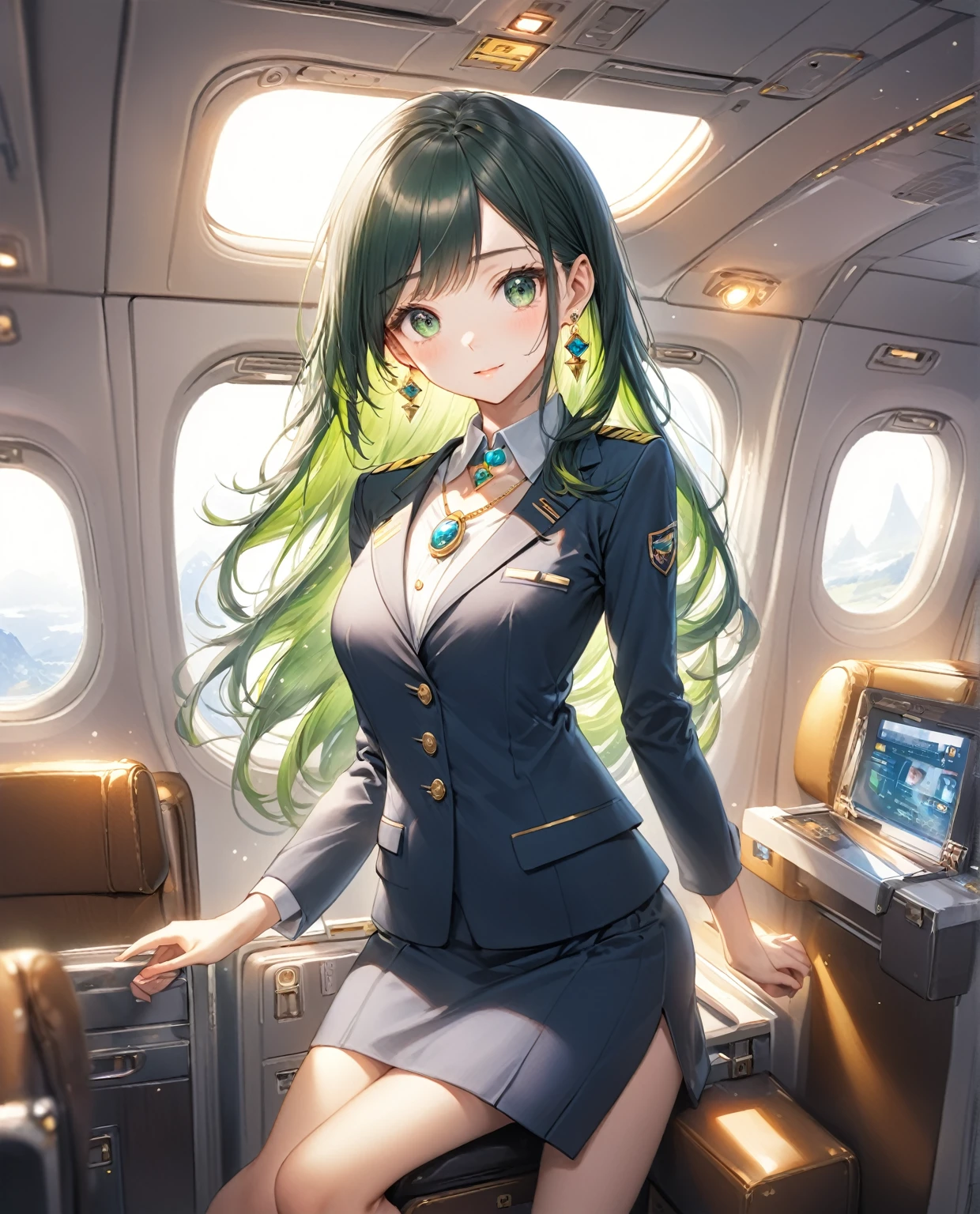 (Highest quality,8k,32K,masterpiece,Ultra-high resolution :1.2 ),born,One girl,Super cute,Natural light,Clear, shining eyes,20-year-old,Fair skin,Fantasy background of the electronic world inside the plane,The noble earrings are shining,The noble necklace shines,Dark green hair,Long Hair,Cabin attendant,stewardess,スカートをまくりあげている,スカートを手で上げている