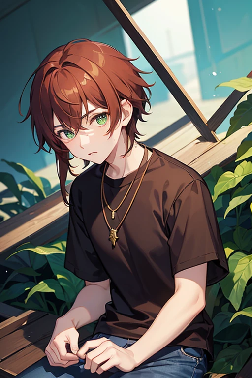 Xiao from Genshin Impact, boy, 16 years old, reddish brown hair, green eyes, open black vest, blue t-shirt, necklace with a golden cross, blue jeans, looking in profile directly at viewer, white background