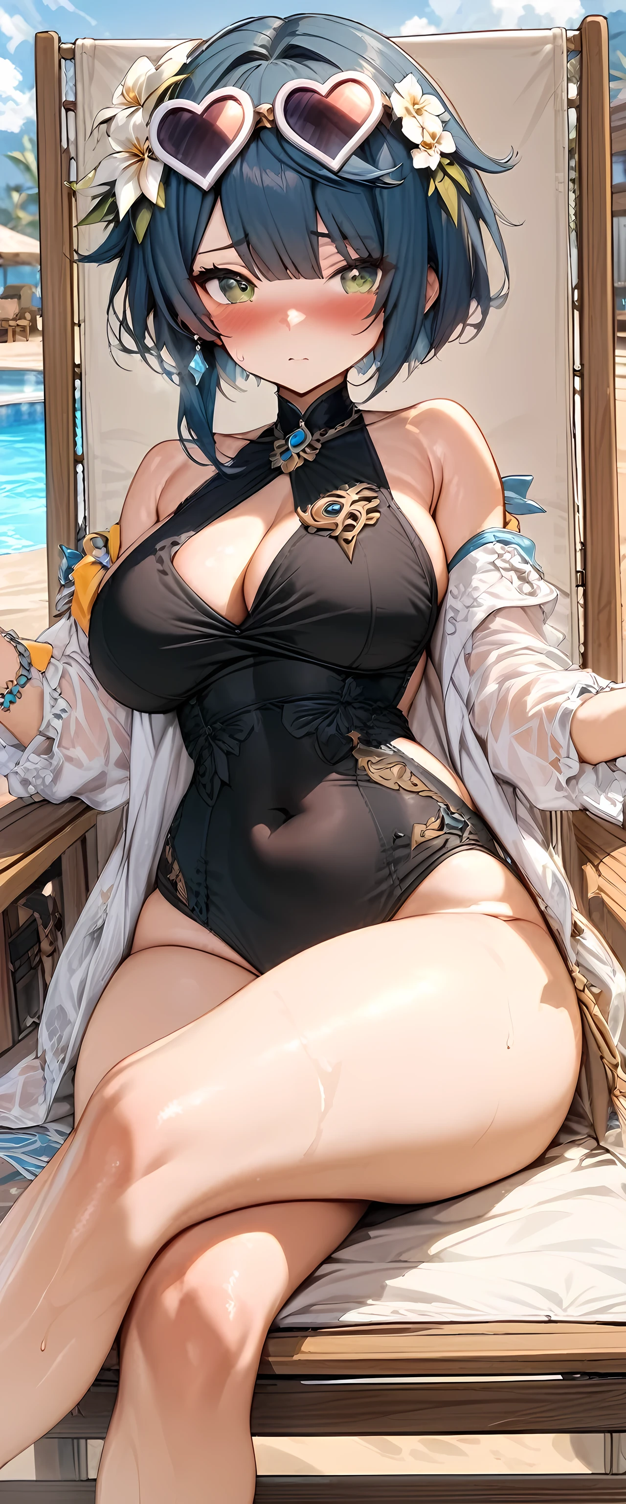 (masterpiece), best quality, expressive eyes, perfect face,1girl,xingqiu,genshin impact,summer clothes,big breasts,sexy black one-piece swimsuit,poolside,beach chair,sitting,hair flower,heart sunglasses on head,blush,beach resort,legs crossed