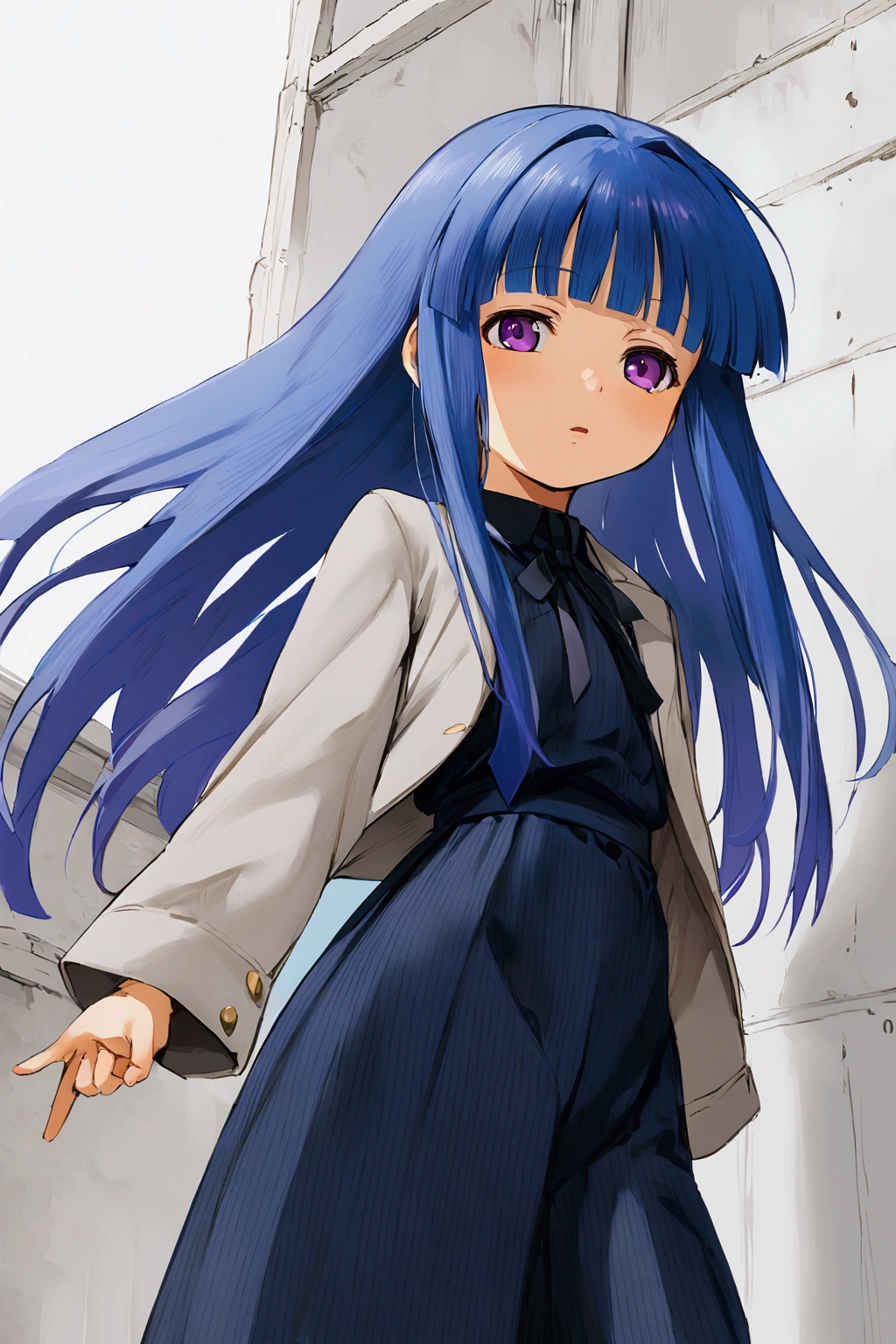 girl, alone, (Rika Furude), Blue Hair, Purple eyes, Long Hair, blunt bangs, bangs, I&#39;11 years old, 