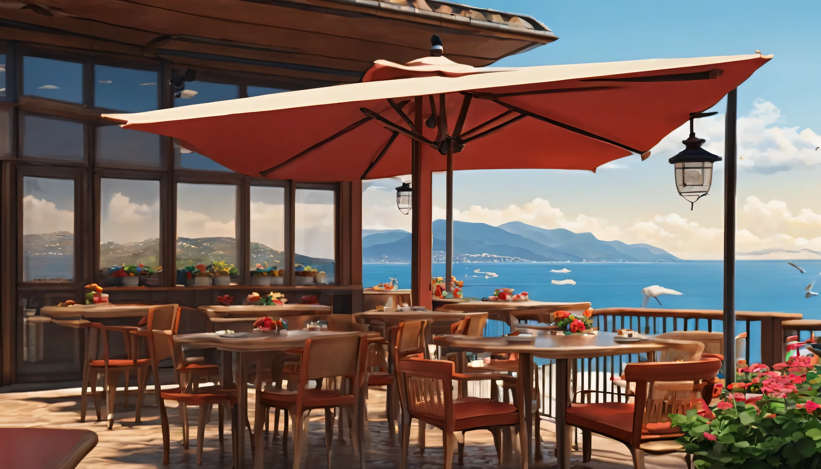 Highest quality、Masterpiece、Ghibli style、There is no one here、Seaside terrace、Asahi、Clear skies、Seagulls in the sky、A pair of cafe tables and chairs