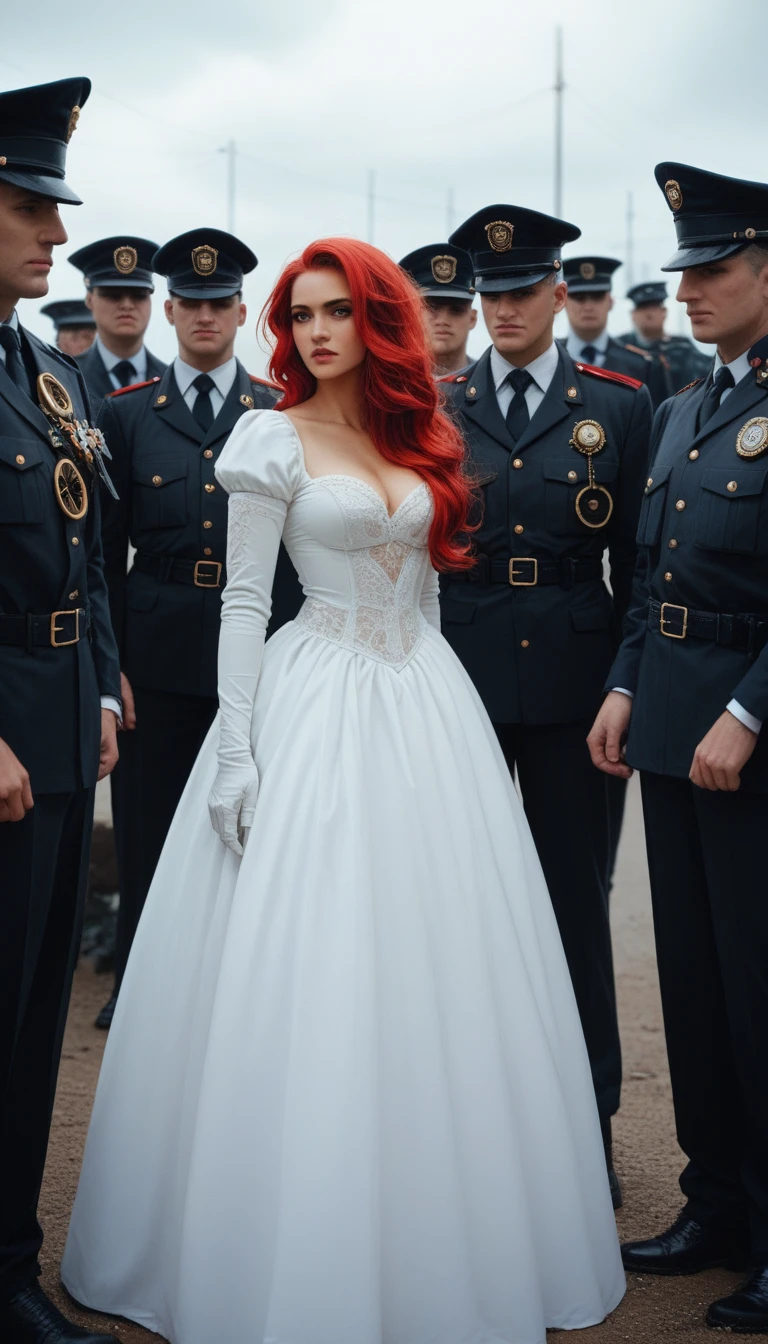 there is a woman standing in front of a group of robots, steampunk male portrait, Composition, beautiful android woman, stormy and big war scene, inspired by Richard Avedon, a black dieselpunk policewoman, red-haired woman, girl in suit, complex fashion clothes, beautiful soldier woman  