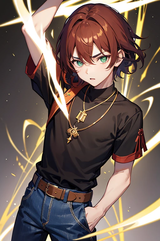 Xiao from Genshin Impact, boy, 16 years old, reddish brown hair, green eyes, open black vest, blue t-shirt, necklace with a golden cross, blue jeans, looking in profile directly at viewer, white background
