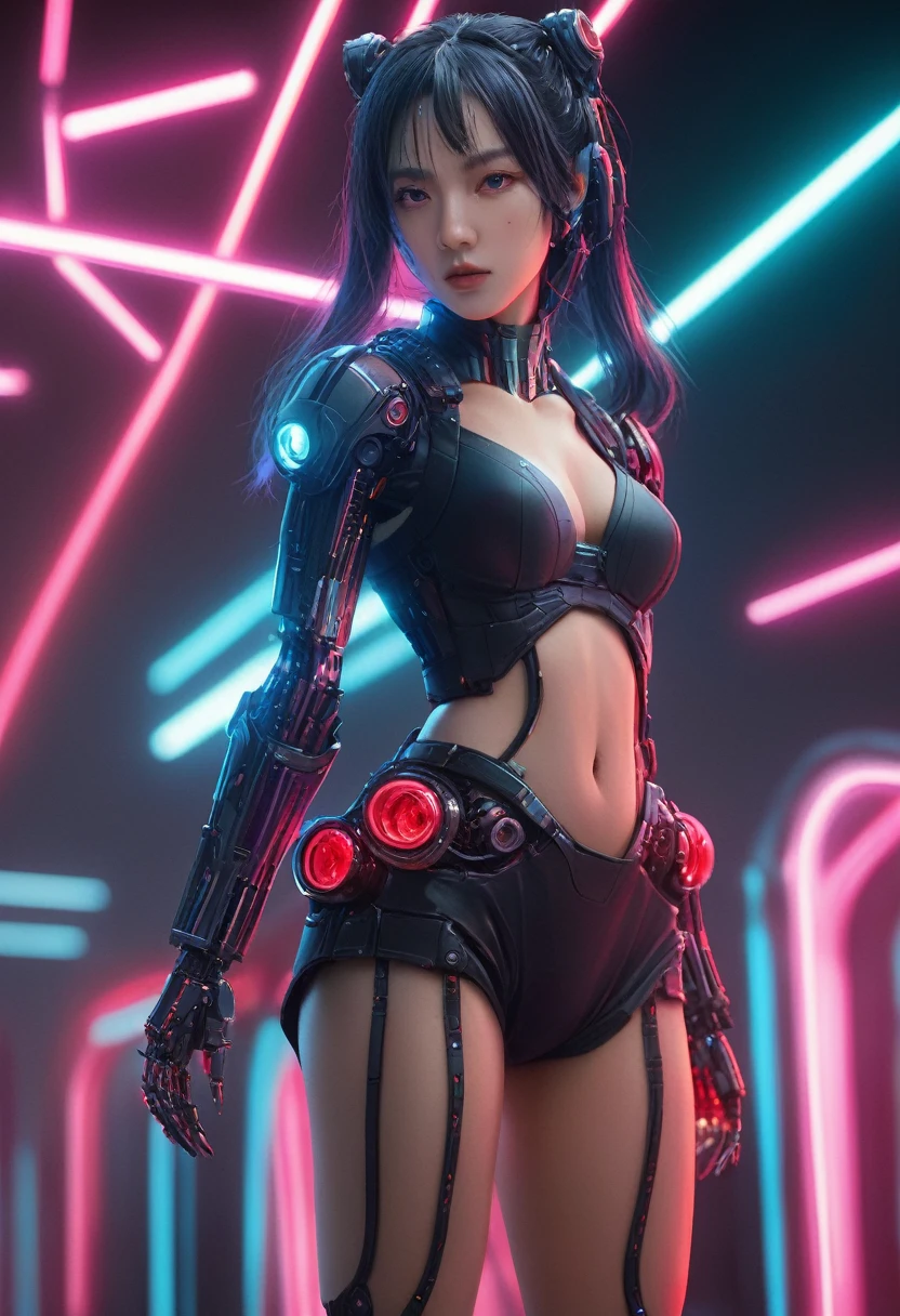 xxmixgirl. Highly detailed professional 35mm film, bokeh, face in sharp focus. A robotic female, Miku, with ((metal skin)), ((perfect Asian eyes)) with magenta irises and ((black pupils)), beautiful serious (detailed face), 18 year old ((photorealistic face)), very long magenta twin tails of magenta hair, twin black hair ties with a single red stripe. She may have a black audio headpiece. We can see her ((full body)) down to her boot soles. Her outfit is a sleeveless collared light grey shirt, outlined in red around the frilled collar and hems. Shiny reflective ((metallic breast cups, dimpleless)), invisible nipples. She wears black sleeves with red hems that start around her upper arm and bellow out as the sleeves open and extend to her wrists, with wide trumpet red rimmed cuffs. She has perfect robotic (detailed hands). She wears a red colored tie with two horizontal solid parallel black lines halfway across. She wears a fabric black skirt with a horizontal red hem at the bottom all the way around; her (((black skirt wraps around her))) and ((her skirt completely covers)) her robotic waist and thighs. Tall black boots with red bottom soles, a red rim around the top at her thighs. Her mechanical shoulder joints are visible. We can see her robotic legs and robotic neck. Half of her is covered with shiny polished machinery. The background is a distant dark neon futuristic Japanese city, gold, cyan, violet neon, near harbor or mountains.