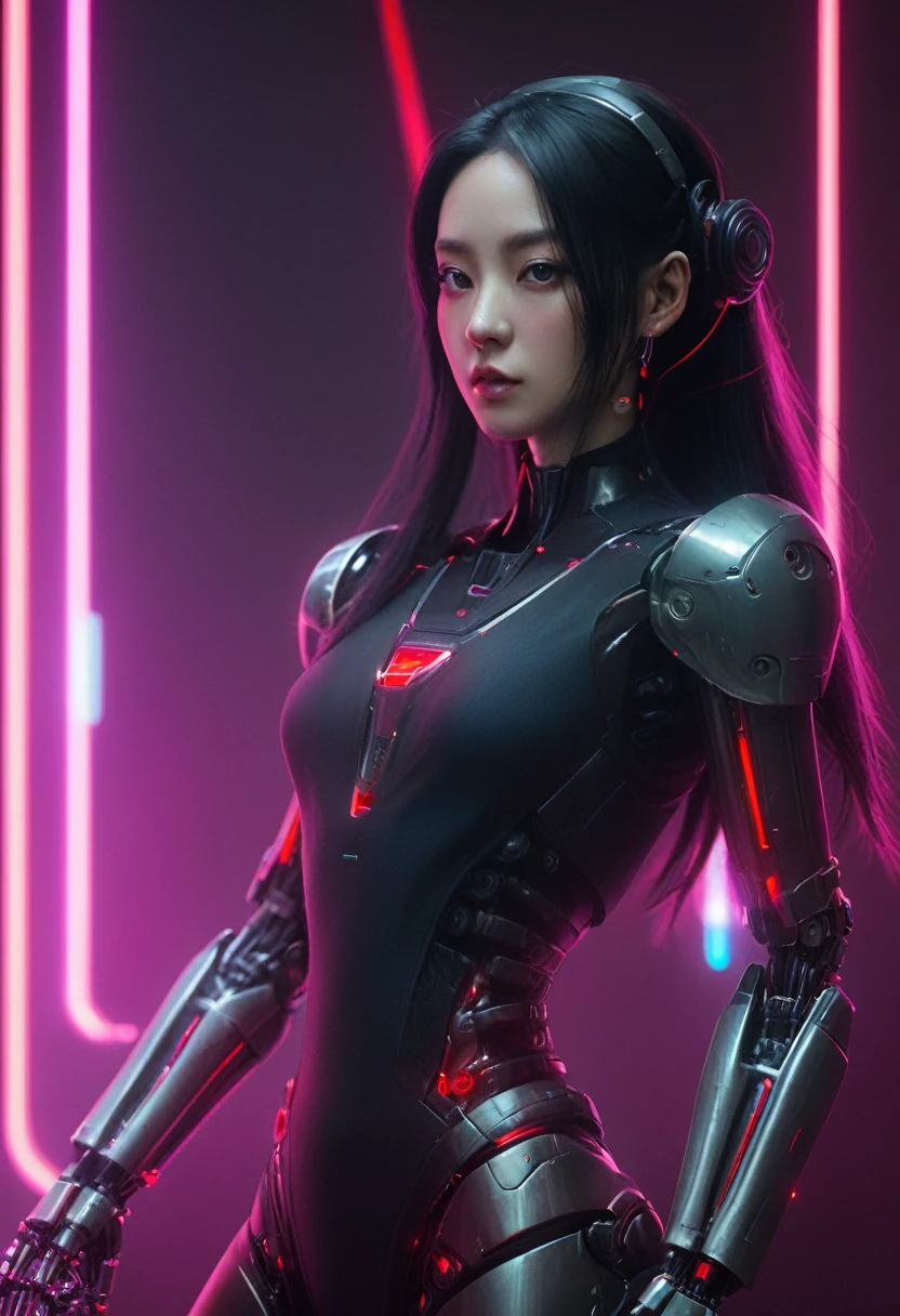 xxmixgirl. Highly detailed professional 35mm film, bokeh, face in sharp focus. A robotic female, Miku, with ((metal skin)), ((perfect Asian eyes)) with magenta irises and ((black pupils)), beautiful serious (detailed face), 18 year old ((photorealistic face)), very long magenta twin tails of magenta hair, twin black hair ties with a single red stripe. She may have a black audio headpiece. We can see her ((full body)) down to her boot soles. Her outfit is a sleeveless collared light grey shirt, outlined in red around the frilled collar and hems. Shiny reflective ((metallic breast cups, dimpleless)), invisible nipples. She wears black sleeves with red hems that start around her upper arm and bellow out as the sleeves open and extend to her wrists, with wide trumpet red rimmed cuffs. She has perfect robotic (detailed hands). She wears a red colored tie with two horizontal solid parallel black lines halfway across. She wears a fabric black skirt with a horizontal red hem at the bottom all the way around; her (((black skirt wraps around her))) and ((her skirt completely covers)) her robotic waist and thighs. Tall black boots with red bottom soles, a red rim around the top at her thighs. Her mechanical shoulder joints are visible. We can see her robotic legs and robotic neck. Half of her is covered with shiny polished machinery. The background is a distant dark neon futuristic Japanese city, gold, cyan, violet neon, near harbor or mountains.