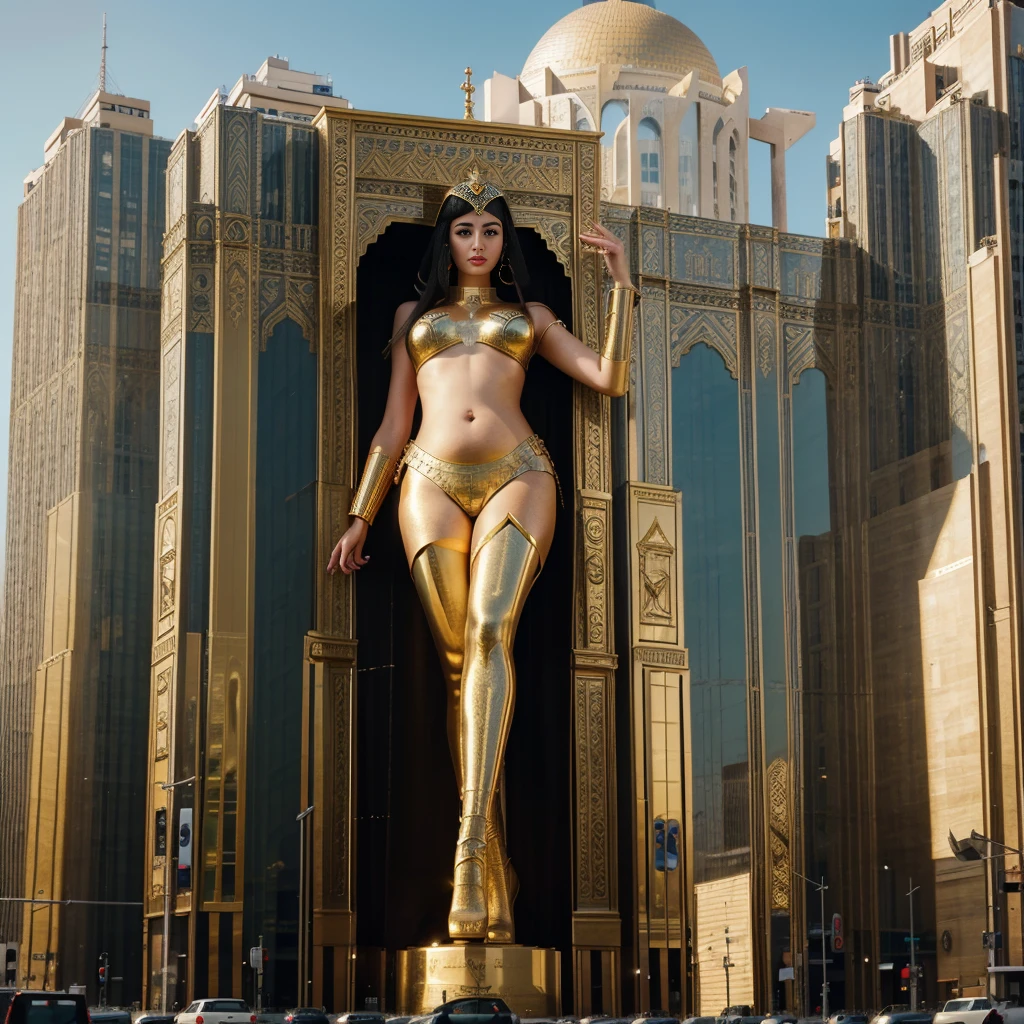 giant cleopatra stand in Paris, Full body photo,gtscityskyscraper, giga gigantess (Long legs:1.2),Beautiful looks,No branding,Perfect lighting,Cinematic quality, 8K, High quality, (GTS:1.5), on the top view, building seat, belly, perfekt hands, realism, perfekt Face,