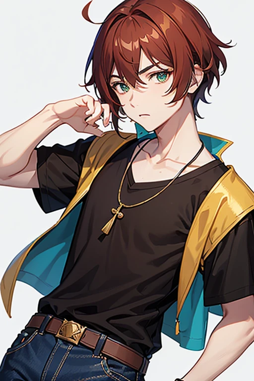 Xiao from Genshin Impact, boy, 16 years old, reddish brown hair, green eyes, open black vest, blue t-shirt, necklace with a golden cross, blue jeans, looking in profile directly at viewer, white background