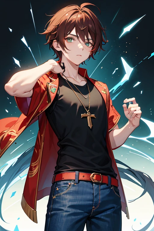 Xiao from Genshin Impact, boy, 16 years old, reddish brown hair, green eyes, open black vest, blue t-shirt, necklace with a golden cross, blue jeans, looking in profile directly at viewer, white background