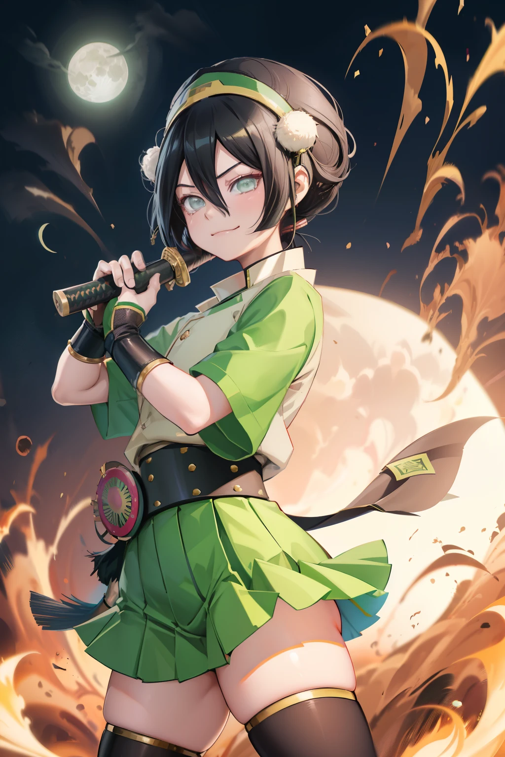 Anime style kimetsu no yaiba , toph beifong , smug smile , (ultra detailed, girl, short black hair , green haori , demon slayer uniform , black  uniform, mini-skirt, holding katana,  moon background 