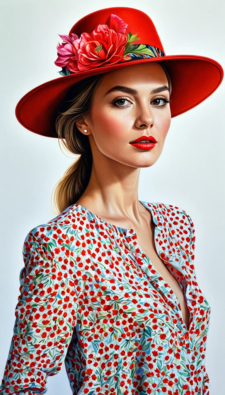 create a woman with red elegant hat ,with flower shirt, masterpiece, estilo illustration de Ali Erturk, high detail, hyperrealistic, natural light,illustration , Bright colors
