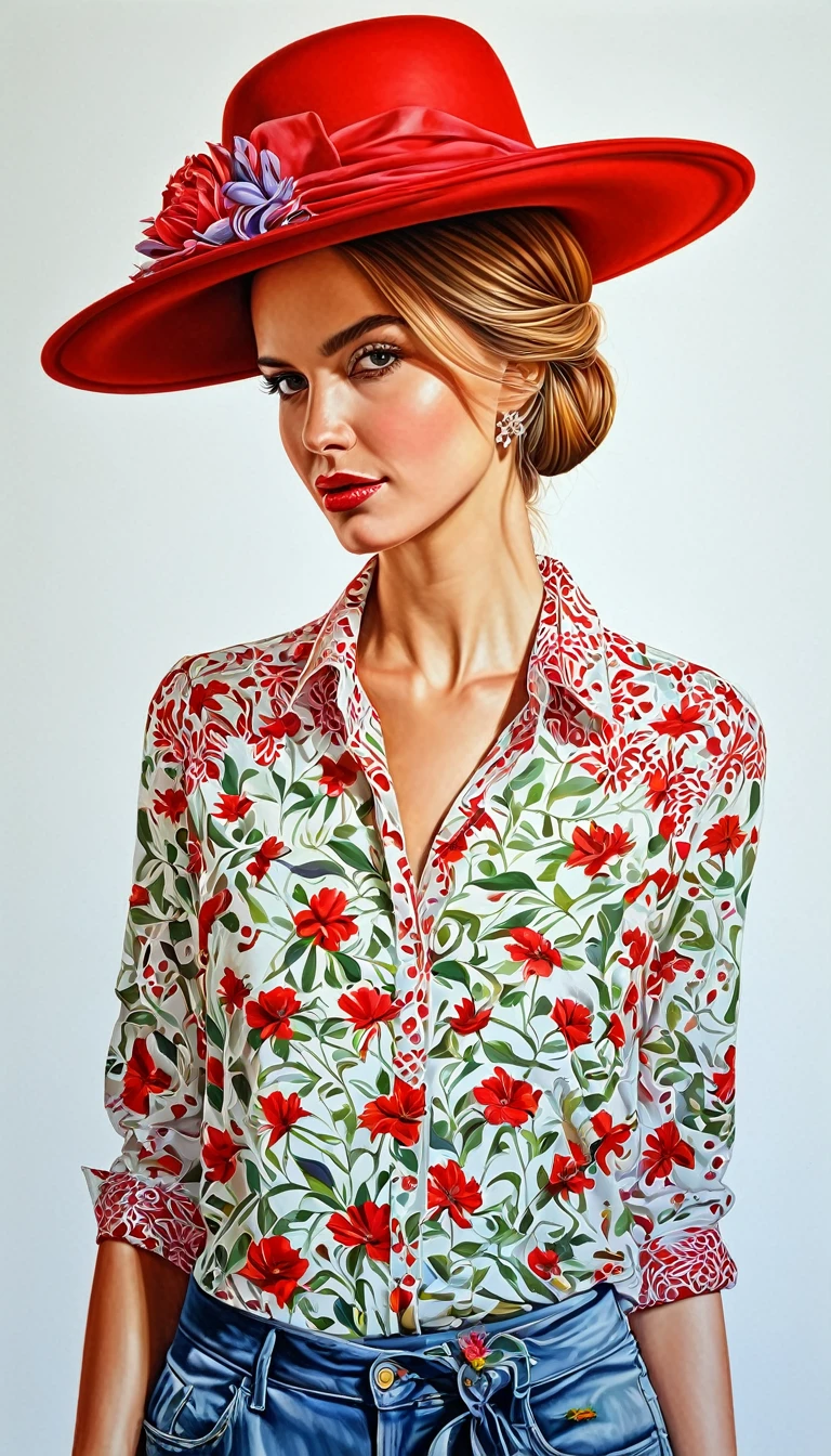 create a woman with red elegant hat ,with flower shirt, masterpiece, estilo illustration de Ali Erturk, high detail, hyperrealistic, natural light,illustration , Bright colors