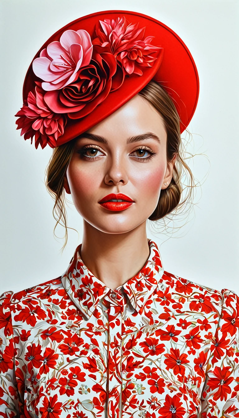 create a woman with red elegant hat ,with flower shirt, masterpiece, estilo illustration de Ali Erturk, high detail, hyperrealistic, natural light,illustration , Bright colors