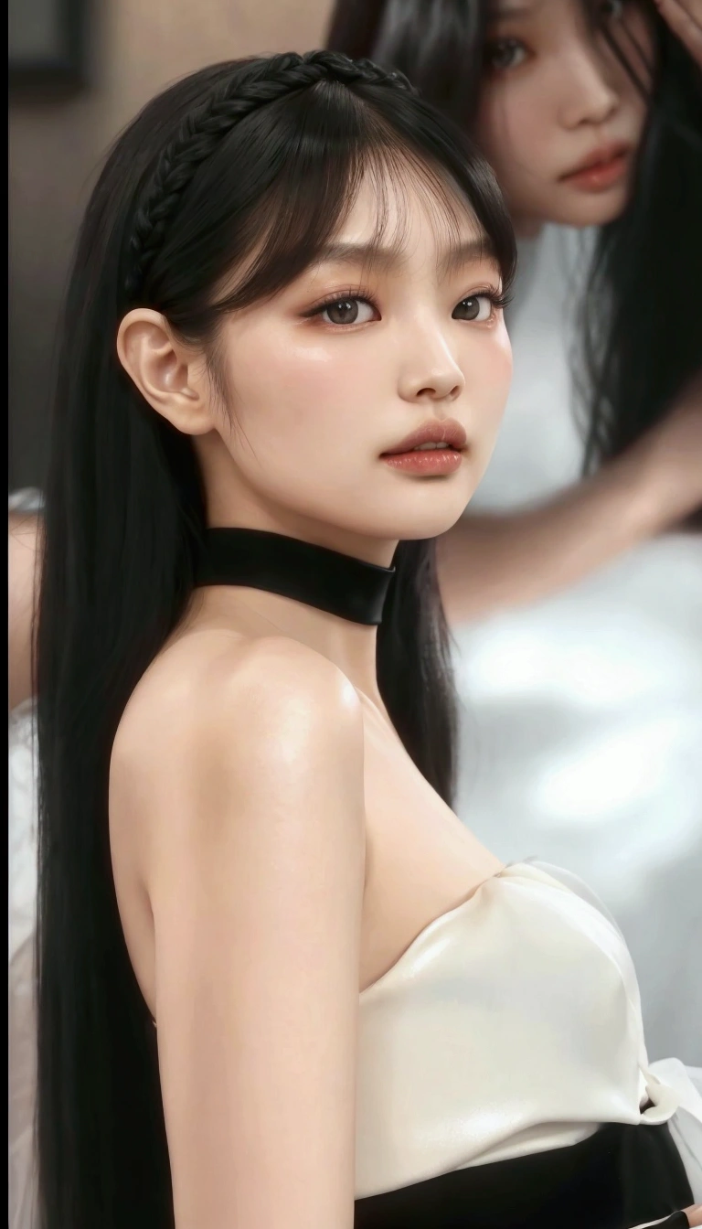 a close up of a woman with long hair wearing a black and white dress, lalisa manobal, Ruan Jia beautiful!, gorgeous chinese model, gemma chan beautiful Jennie Kim of blackpink