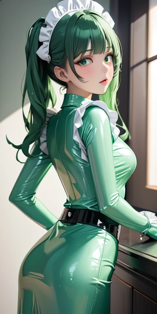 Portraiture、(masterpiece,Highest quality,Ultra-high resolution),Japanese women, (((Very beautiful 25 year old girl))),(Pale green latex maid outfit)、(Pale green latex long skirt)、(A long-sleeved latex shirt that covers the upper body)、Pale green latex gloves、Pale green latex socks、Pale green latex bodysuit、Frills、The clothes fit snugly to the body、Latex is very shiny、Dark Room、