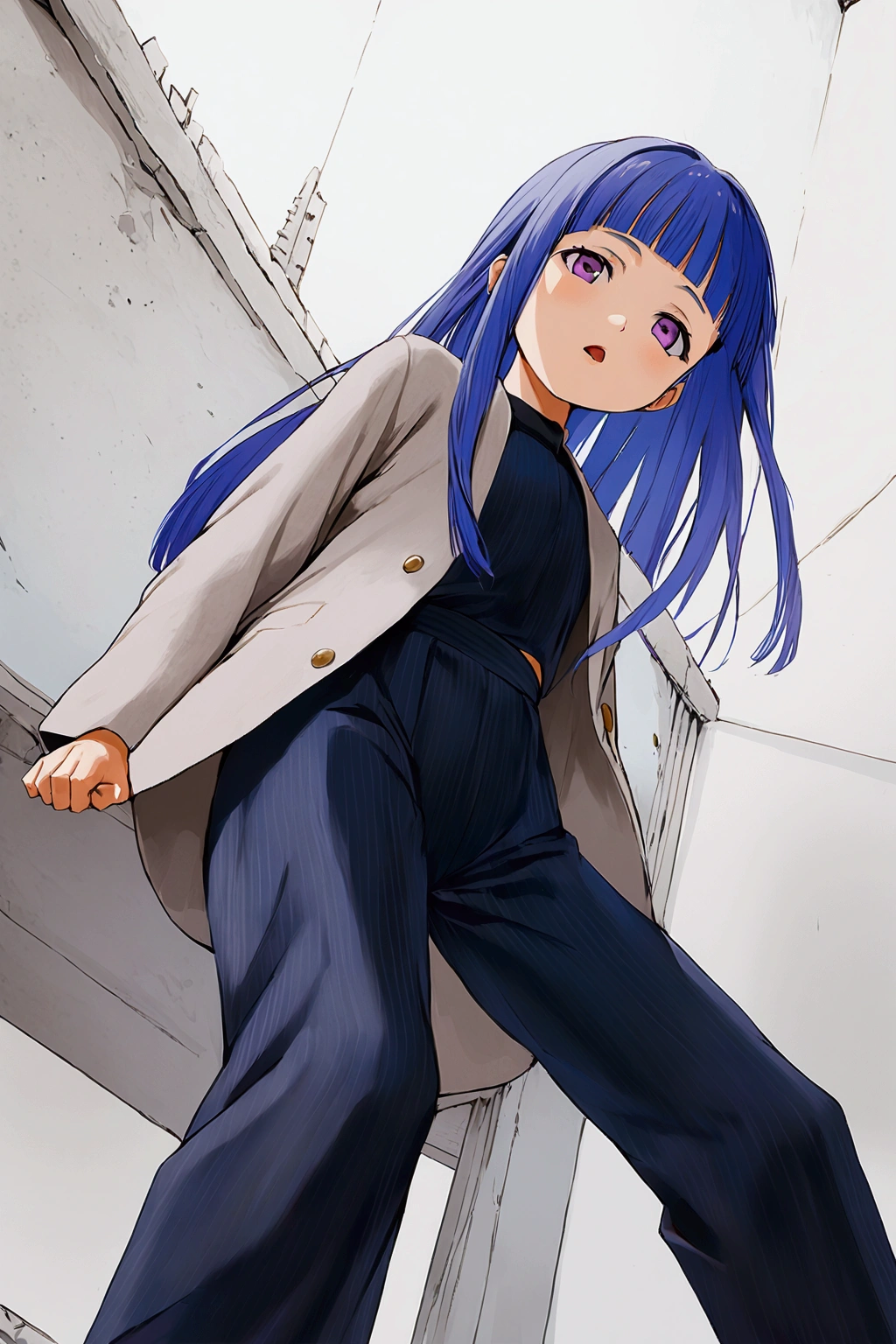 (Low angle shot), girl, alone, (Rika Furude), Blue Hair, Purple eyes, Long Hair, blunt bangs, bangs, I',