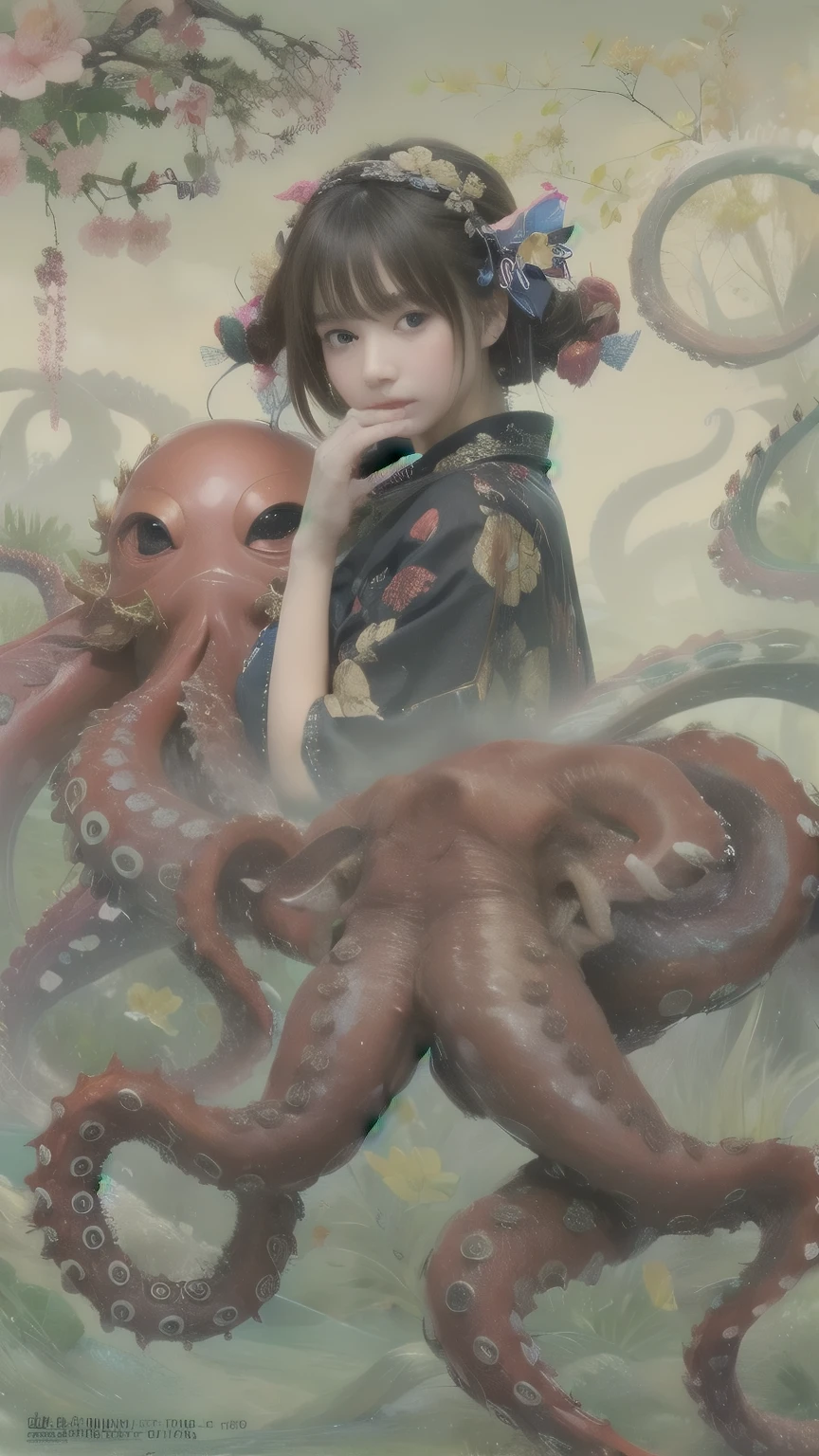 赤いoctopus、octopus、1 girl、The Style of Kawanabe Kyosai、Face focus、Best、Highest quality、use、Detailed face、octopusの髪型、Depth of written boundary、Bokeh、