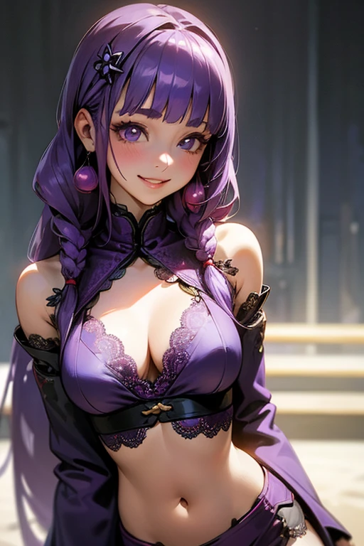 1 girl, Blunt bangs, Braiding, Wide sleeves, hair ornaments,Obi says, (Purple Hair:1.2), Very long hair, Straight hair, Looking at the audience, Highly detailed background, (Realistic:1.2), Beautiful Eyes, Red eyeshadow, thigh, (Urzan-6500:0.7), Upper Body, (alone:1.2), (Cyberpunk City:1.1), Cleavage,,Glowing Skin、(Navel exposed).((Face close-up))、((smile))、(Lace clothes).((Smiling with teeth showing)).