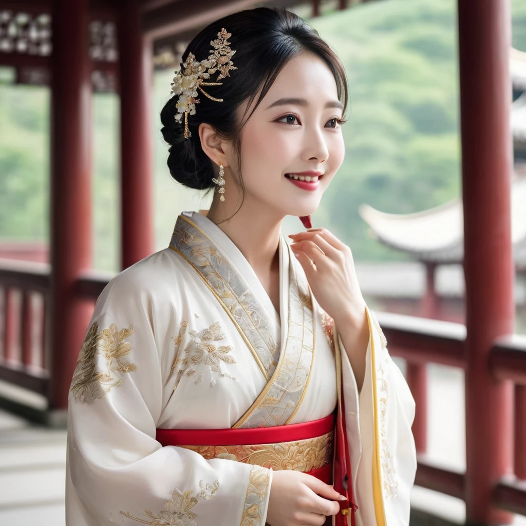 ((Highest quality)), ((masterpiece)), (detailed), （Perfect Face）、The woman is Satomi Ishihara, with large breasts and excellent proportions, her medium-long hair tied up, and wearing a gorgeous wedding Hanfu with gold embroidery and trim, gorgeous accessories, and an engagement ring.、The woman is smiling gently、The woman is in a luxurious palace in China, embracing and kissing a handsome and dignified middle-aged Chinese man, making love and getting married.