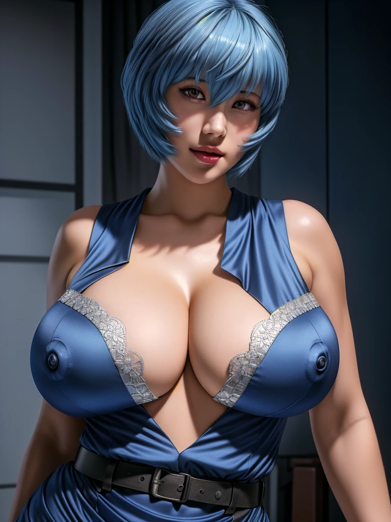 ayanami rei mogudan, huge breasts, standing, solo, Mogudan MicroSkirt Suspender skirt ,,(ultra gigantic breasts: 1.3, super huge breasts: 1.3, ultra huge cleavage: big cleavage on the chest 1.3 ), masterpiece, best quality, extremely detailed face, extremely detailed eyes, highres, 8k, cinematic lighting, dramatic atmosphere, gorgeous colors, beautiful rendering, realistic shading, intricate details, photorealistic