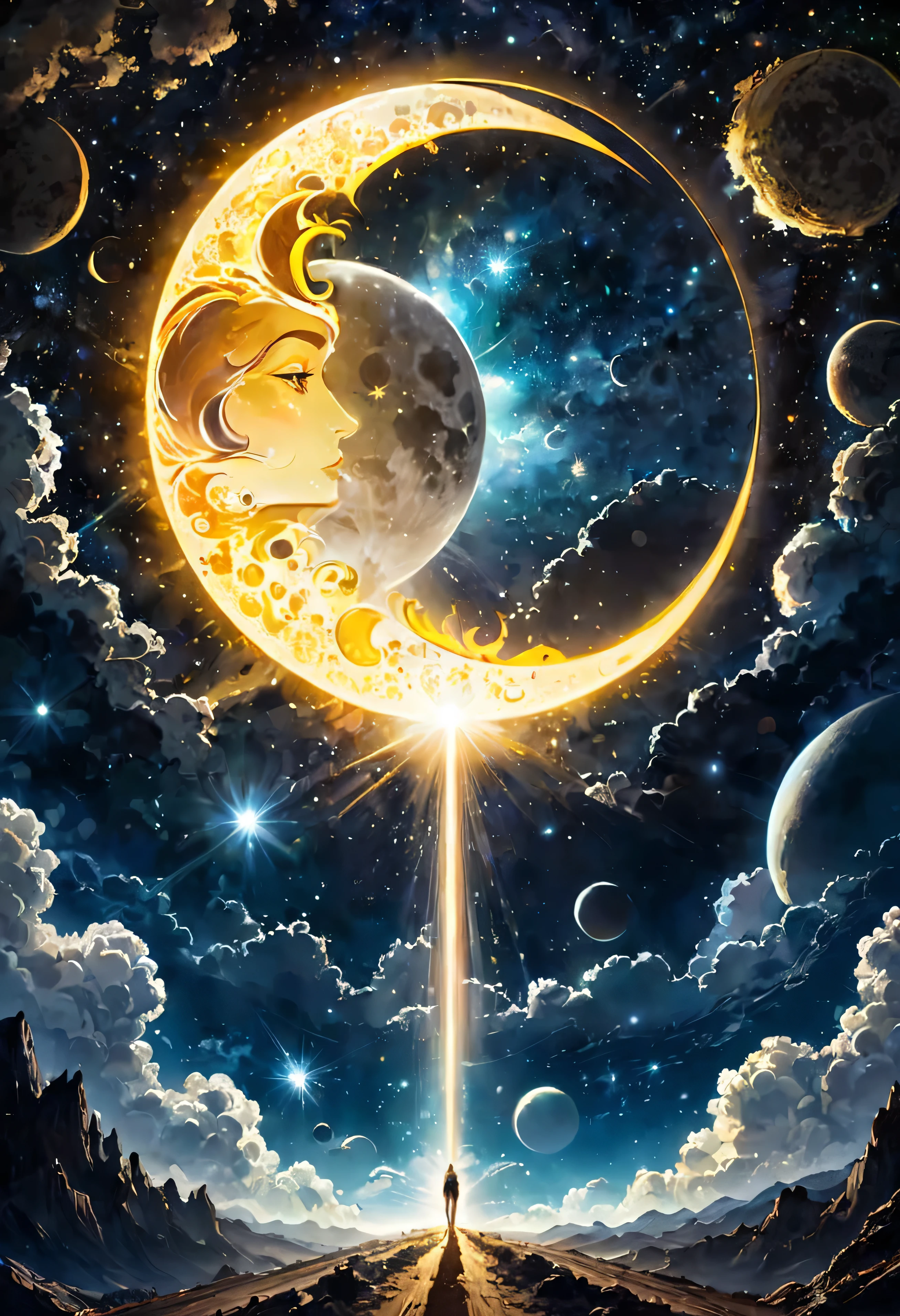 Sun and moon codes, integration, fusion, outer space, mysterious moments, shining, fine grains of light