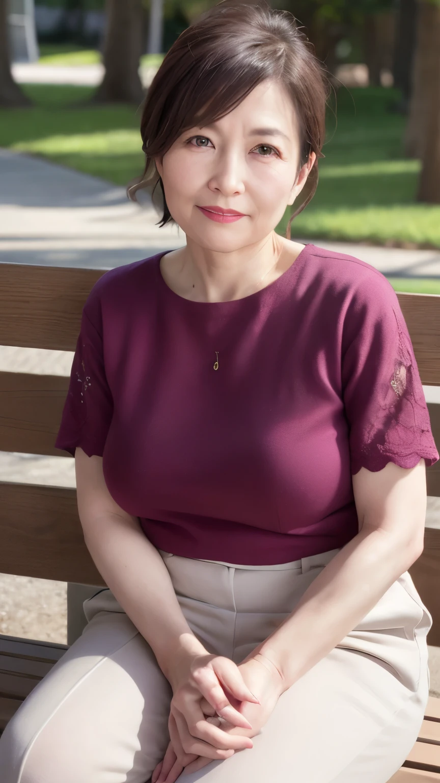 sitting on a park bench, Wrinkles around the eyes, Smiling with teeth showing, Plain short-sleeved clothing, senior citizen, Draw lips correctly, Red lipstick, No discomfort, 16K, Highest quality, Very detailed, Realistic, Very detailed肌, Japanese, alone, 60 years old, Large Breasts, , Glamour, sexy, , Staring straight ahead,