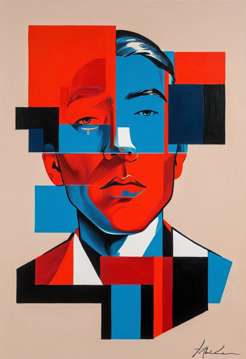 Create a contemporary portrait of a man with sharp features, using a bold and graphic style. Use vibrant, contrasting colors with a strong emphasis on red and blue hues. The background should be a neutral, pale beige or light peach color. The face should be at a slight angle, with clean lines and blocks of color to define the facial structure. Ensure the expression is intense, and the overall composition has a modern, pop-art feel. The painting should capture the interplay between light and shadow with striking contrasts.