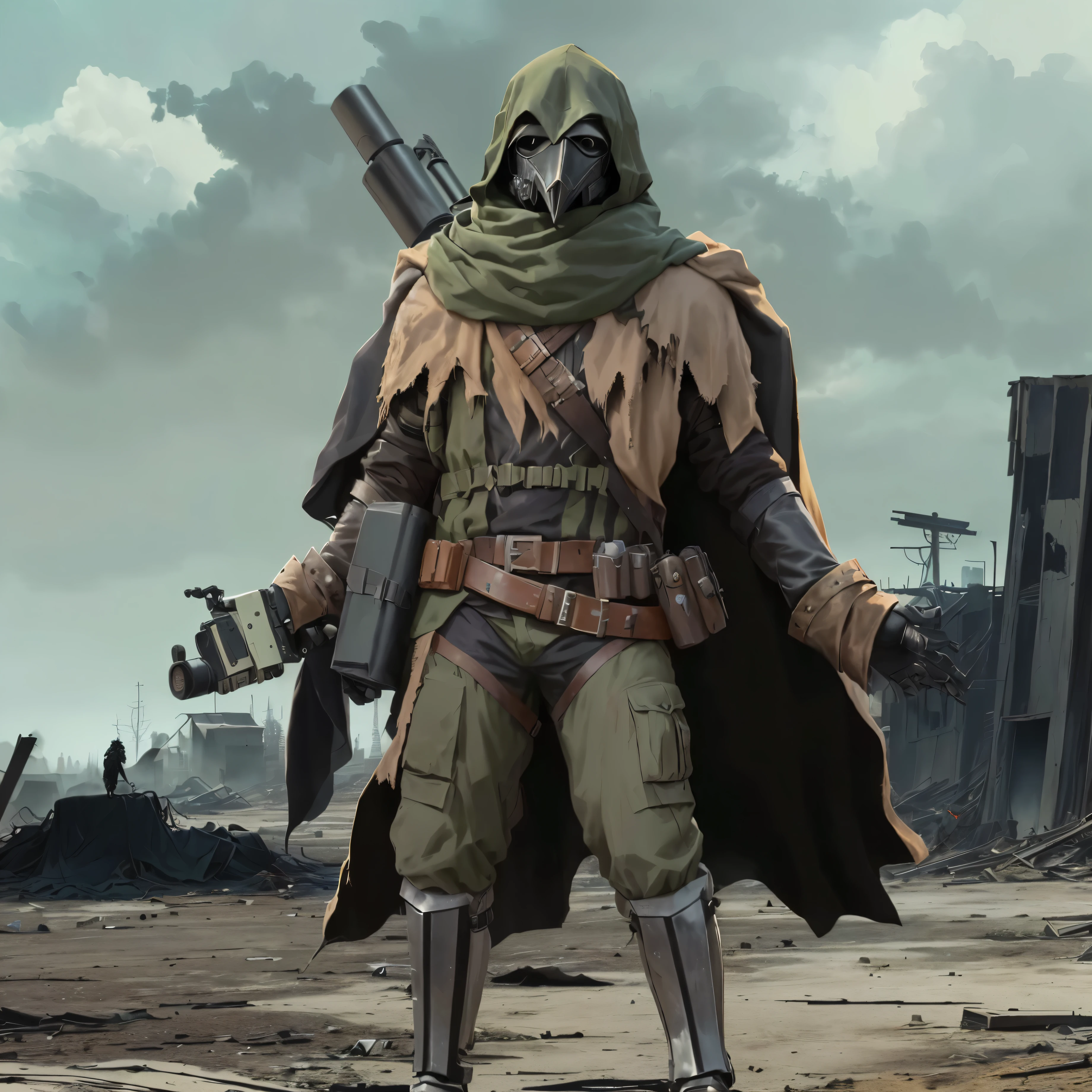 arafed image of a man in a plague doctor mask and a plague doctor mask on his head, dystopian bounty hunter, wearing cloak on blasted plain, post - apocalyptic scavenger, standing in wasteland, symmetrical dieselpunk warrior, hooded cloaked scavenger, postapocalyptic explorer, in a dark space mercenary outfit, ( highly detailed figure ), cloak made from black feathers, weird crow mask, gloves with claws, gun behind shoulder, wearing a shawl, army gear, ( high quality )