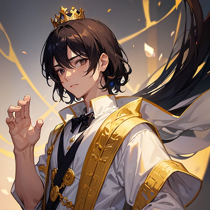 A young prince with a crown on his head, black hair and dark brown eyes and only two arms, two hands and five fingers on each hand 