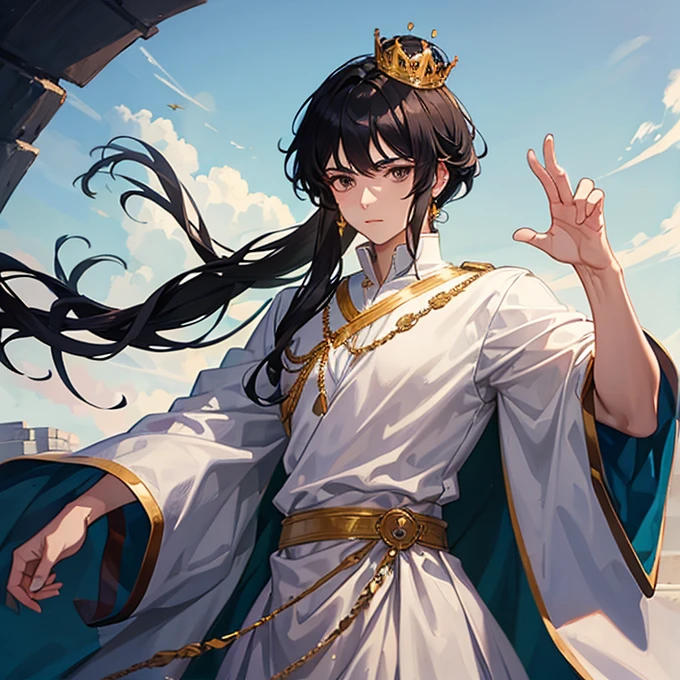 A young prince with a crown on his head, black hair and dark brown eyes and only two arms, two hands and five fingers on each hand
