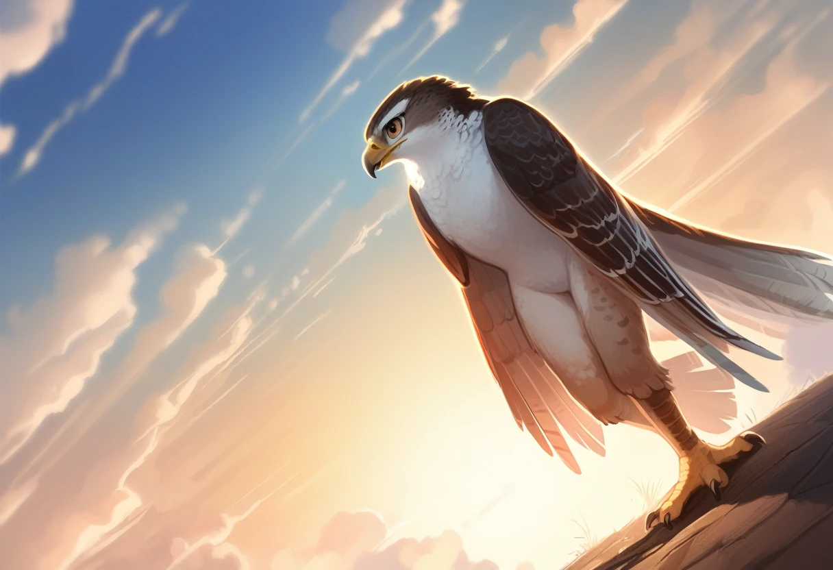 ((Masterpiece)), ((Best Quality)), (Very Detailed), ((Very Detailed)), 4K, (8K), very aesthetic, absurdres highres, 1 girl, (anthropomorphic hawk, furry, kemono:1.5), A digital painting of a low angle shot of a hawk flying in the sky. Emphasize the hawk’s detailed feathers and the sense of power and freedom. Use a strong contrast between the blue sky and white clouds. Add texture to the hawk’s feathers using digital brushes. Use diagonal lines to guide the viewer’s eye through the composition. Emphasize the backlighting effect to create dramatic silhouettes. The sky should have a gradient from blue to white, with the hawk’s shadow visible on the ground