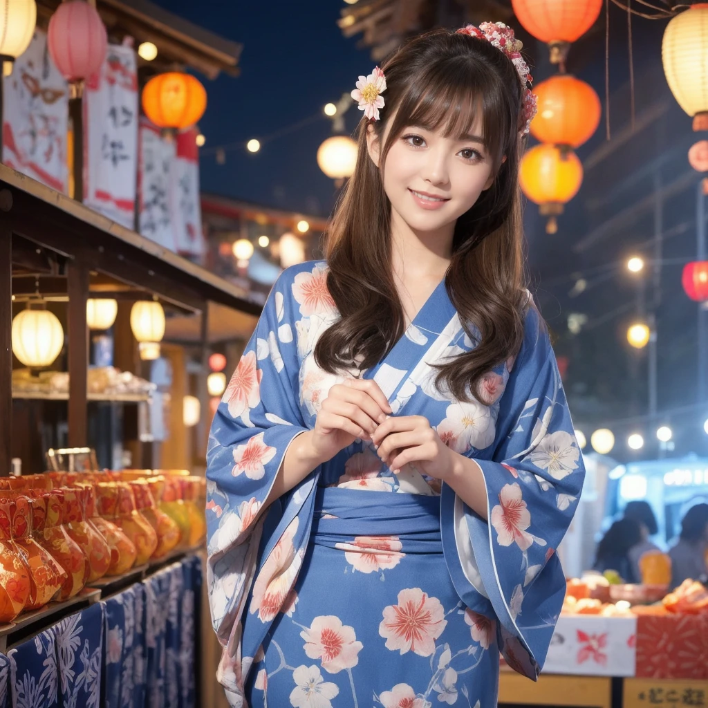 Draw a detailed and realistic portrait of a beautiful young Japanese woman。She has long light brown hair、The large, expressive eyes are impressive.。
Summer Festival Night、Beautiful Japanese woman walking down a street lined with colorful lanterns。She wears a traditional yukata、The yukata has a white floral design on a blue background.。Her hair is tied up in a cool updo、hairpin(Hairpin)is inserted。In her hand she holds a fan with a cute goldfish design on it.、Smiling and looking around the festival stalls。In the background, fireworks are bursting into the summer night sky.、Flowers of light are blooming。