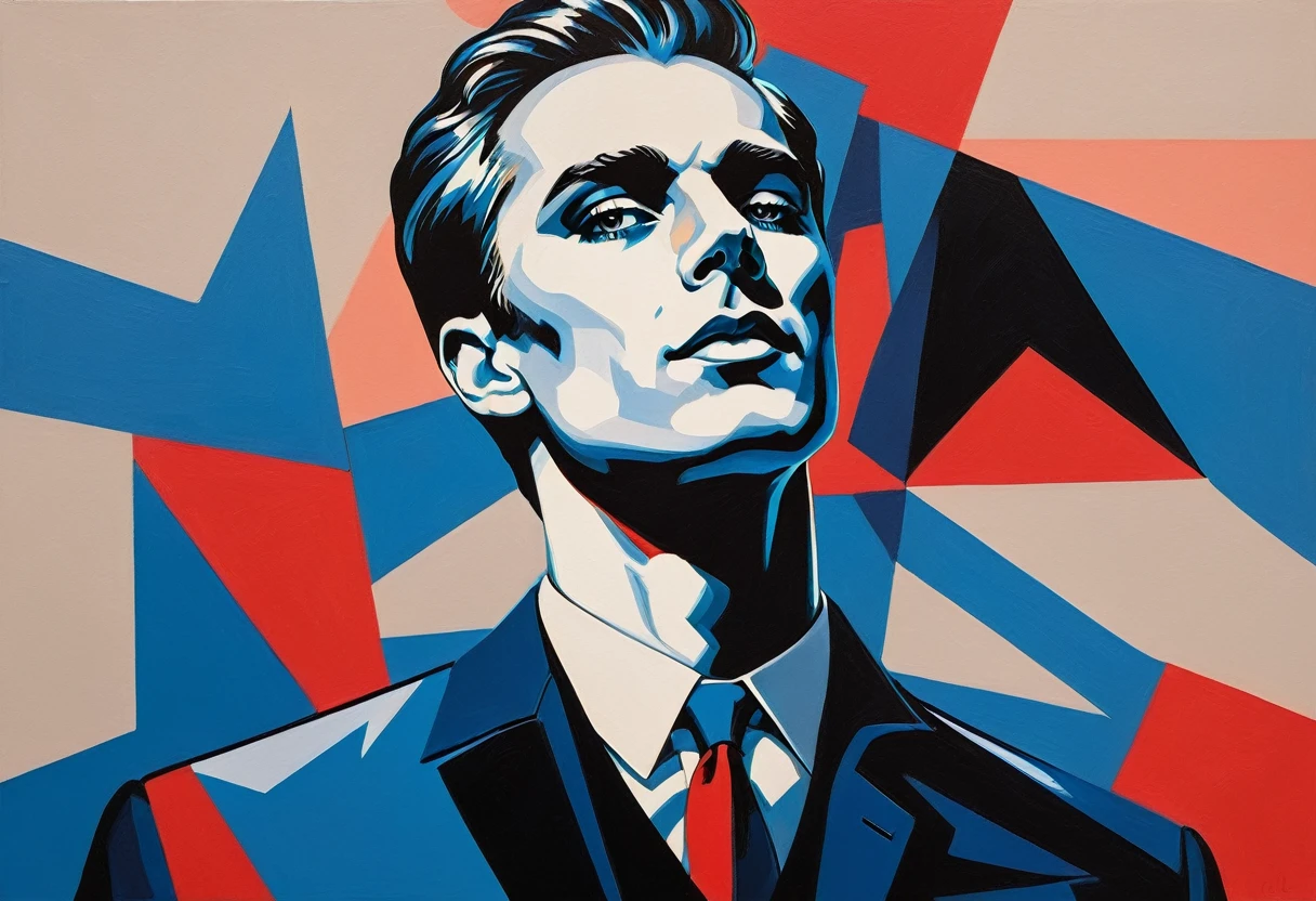 Create a contemporary portrait of a man with sharp features, using a bold and graphic style. Use vibrant, contrasting colors with a strong emphasis on red and blue hues. The background should be a neutral, pale beige or light peach color. The face should be at a slight angle, with clean lines and blocks of color to define the facial structure. Ensure the expression is intense, and the overall composition has a modern, pop-art feel. The painting should capture the interplay between light and shadow with striking contrasts.