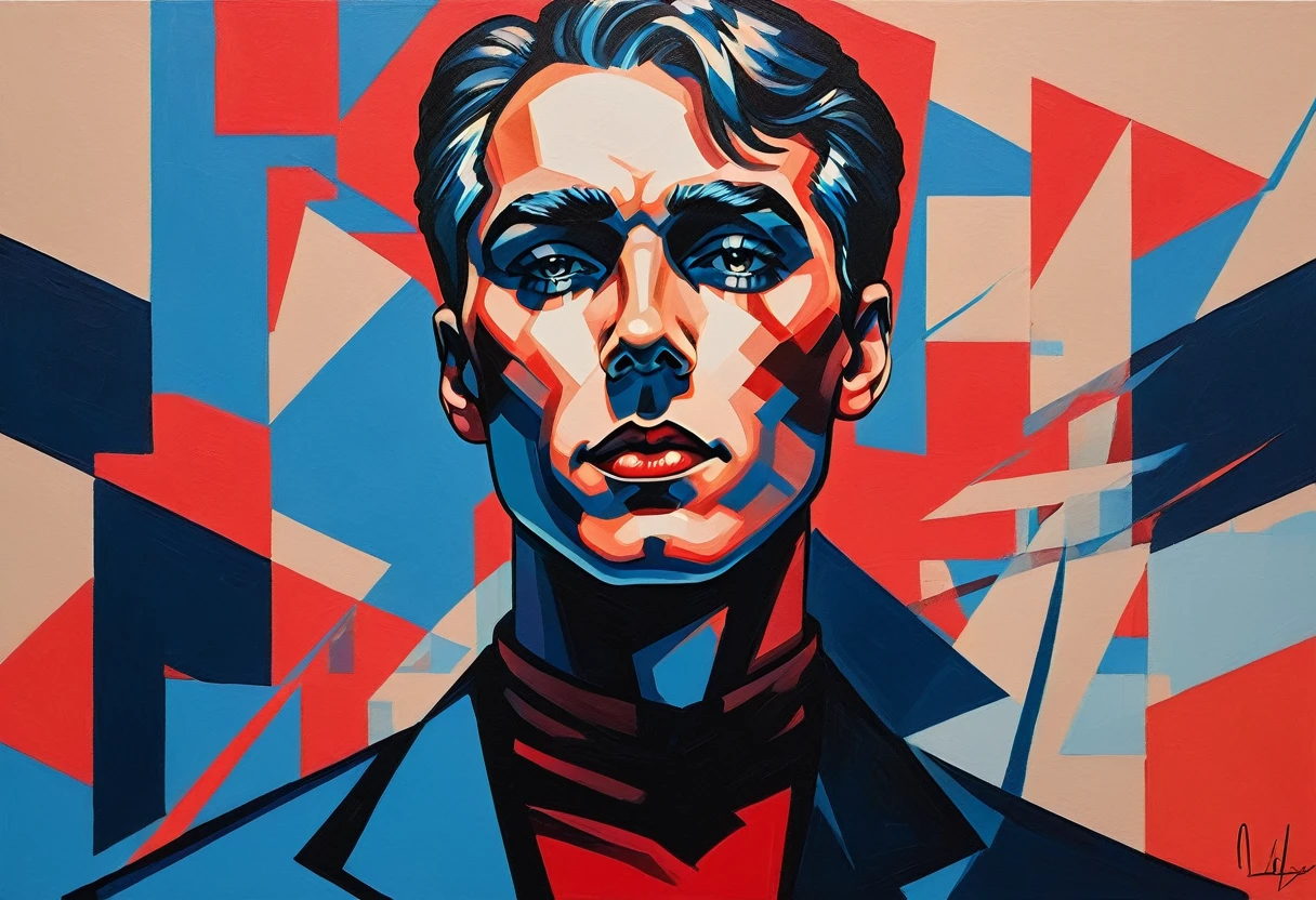 Create a contemporary portrait of a man with sharp features, using a bold and graphic style. Use vibrant, contrasting colors with a strong emphasis on red and blue hues. The background should be a neutral, pale beige or light peach color. The face should be at a slight angle, with clean lines and blocks of color to define the facial structure. Ensure the expression is intense, and the overall composition has a modern, pop-art feel. The painting should capture the interplay between light and shadow with striking contrasts.