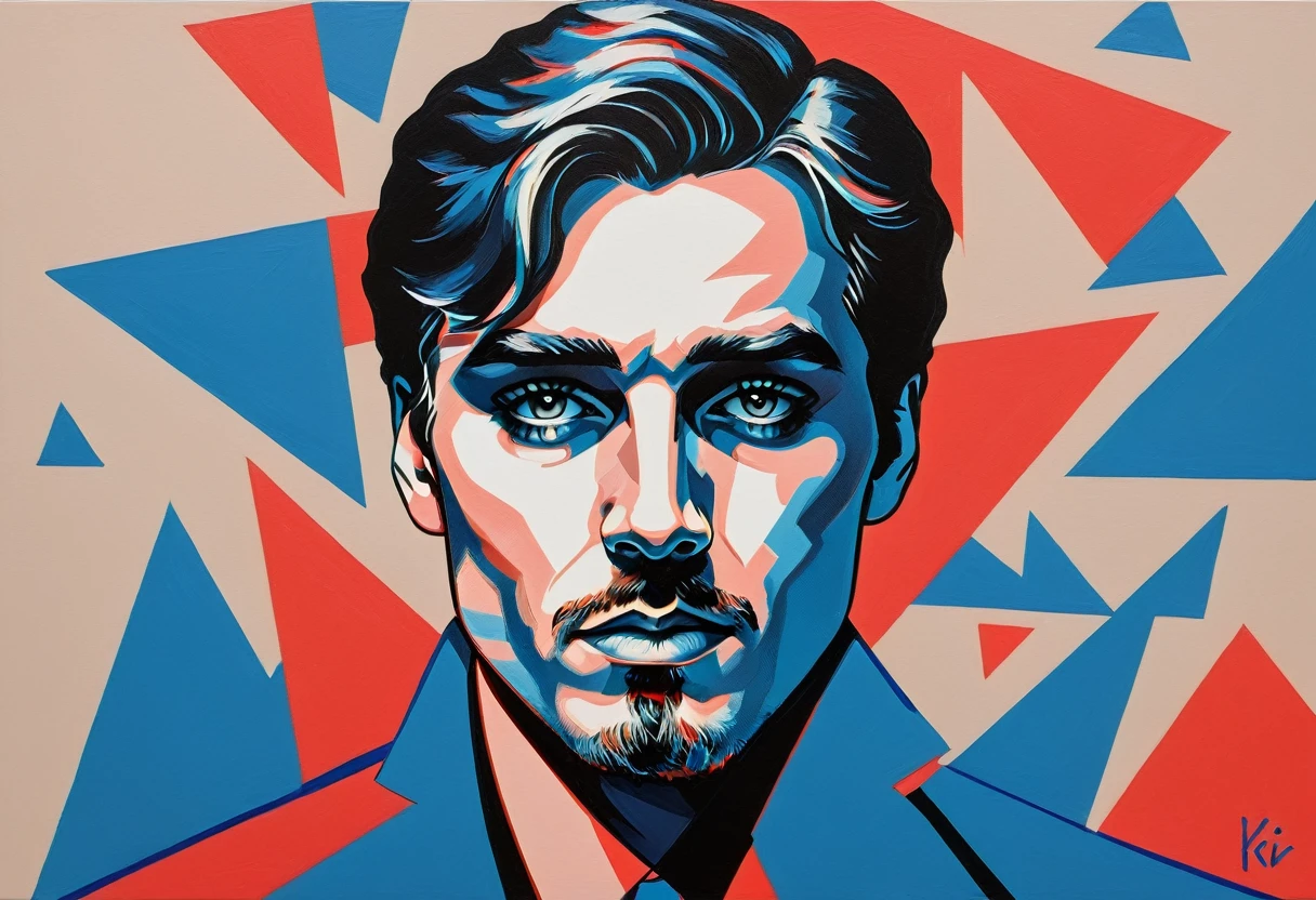 Create a contemporary portrait of a man with sharp features, using a bold and graphic style. Use vibrant, contrasting colors with a strong emphasis on red and blue hues. The background should be a neutral, pale beige or light peach color. The face should be at a slight angle, with clean lines and blocks of color to define the facial structure. Ensure the expression is intense, and the overall composition has a modern, pop-art feel. The painting should capture the interplay between light and shadow with striking contrasts.