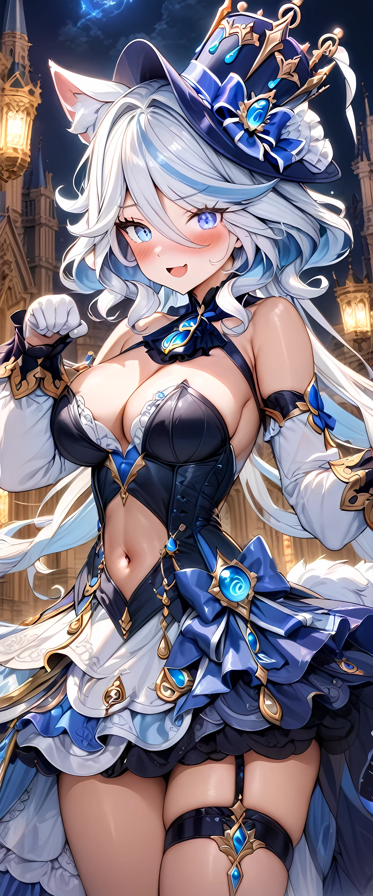 (masterpiece), best quality, expressive eyes, perfect face,1girl,furina,genshin impact,palace,night,castle wall,mirror,big breasts,blush,cleavage,cat girl,cat ears,cat tail,cowboy shot,strapless idol dress,bare shoulders,detached sleeves,navel,cute top,cute fluffy skirt,layered skirt,showgirl skirt,paw pose,happy,excited,spoken heart,standing