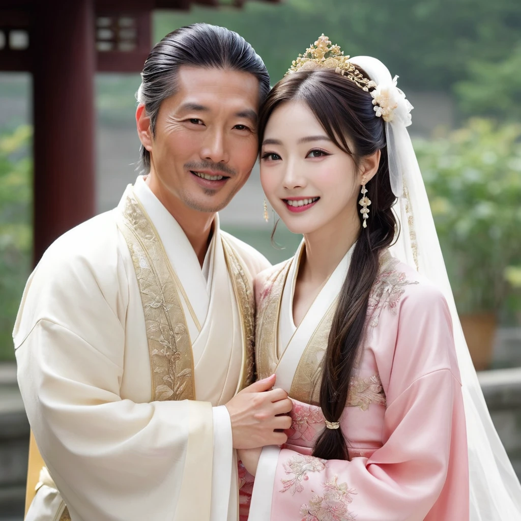 ((Highest quality)), ((masterpiece)), (detailed), (Perfect Face)、The woman is the beautiful Japanese woman, Satomi Ishihara, with large breasts and excellent proportions. She has her medium-long hair tied up and is wearing a luxurious wedding Hanfu with gold embroidery and trim, gorgeous accessories, and an engagement ring.、The woman is in a luxurious palace in China, embracing and kissing a handsome and dignified middle-aged Chinese man, making love and getting married.