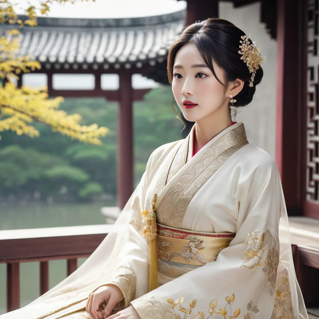 ((Highest quality)), ((masterpiece)), (detailed), (Perfect Face)、The woman is the beautiful Japanese woman, Satomi Ishihara, with large breasts and excellent proportions. She has her medium-long hair tied up and is wearing a luxurious wedding Hanfu with gold embroidery and trim, gorgeous accessories, and an engagement ring.、The woman is in a luxurious palace in China, embracing and kissing a handsome and dignified middle-aged Chinese man, making love and getting married.