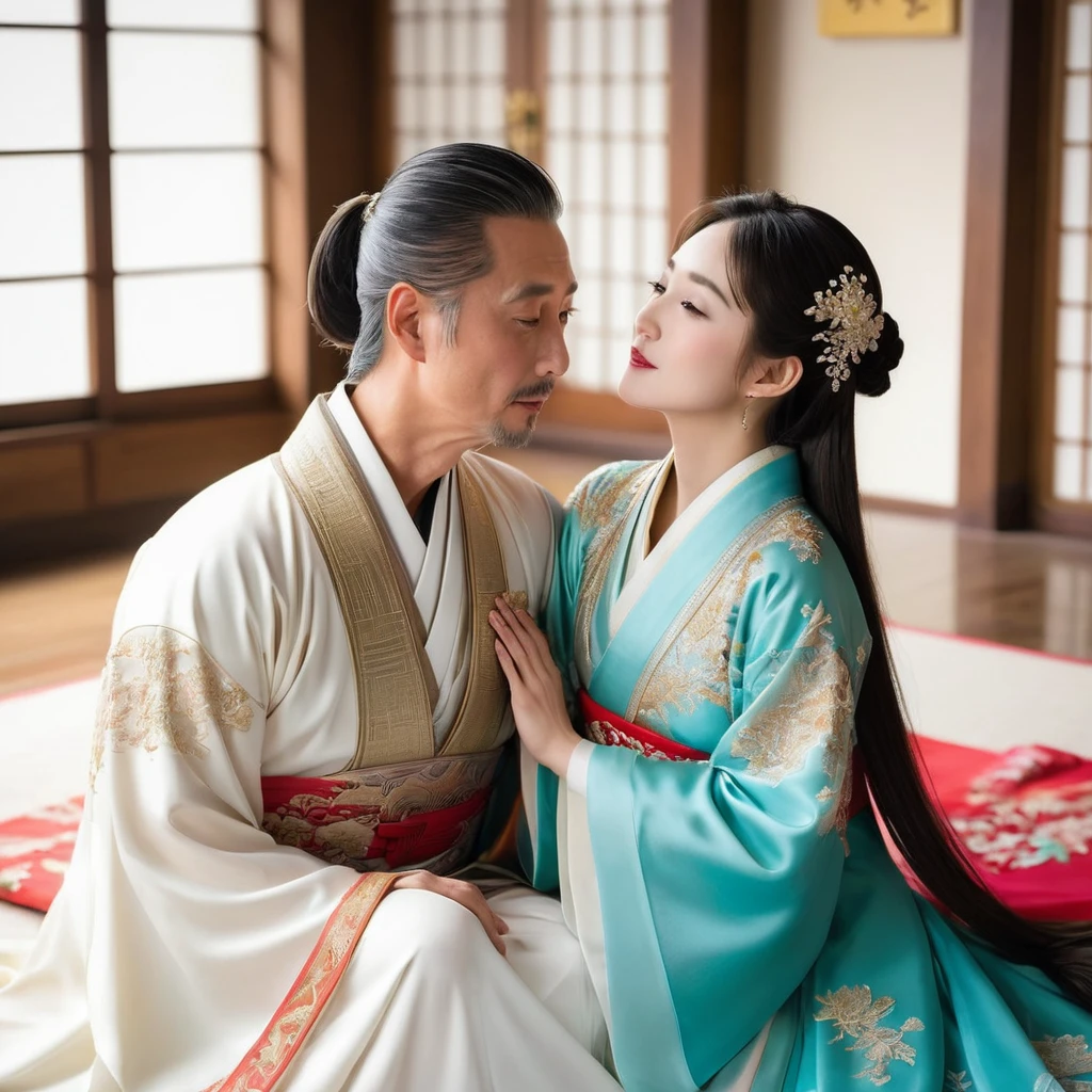 ((Highest quality)), ((masterpiece)), (detailed), (Perfect Face)、The woman is the beautiful Japanese woman, Satomi Ishihara, with large breasts and excellent proportions. She has her medium-long hair tied up and is wearing a luxurious wedding Hanfu with gold embroidery and trim, gorgeous accessories, and an engagement ring.、The woman is in a luxurious palace in China, embracing and kissing a handsome and dignified middle-aged Chinese man, making love and getting married.