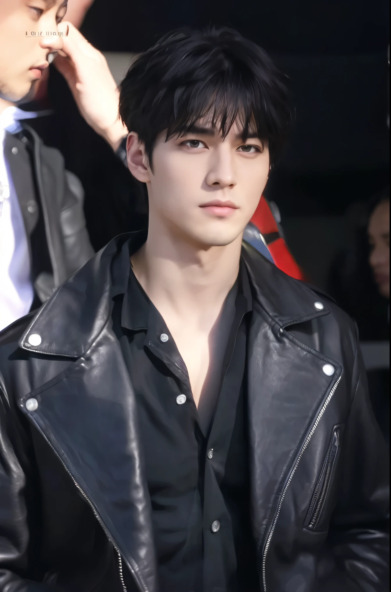 4k, high resolution, best quality, masterpiece, perfect color, perfect shade, perfect lighting, Posted by e621, ((portrait)), ((handsome man)), perfect male figure, Short hair details,Detailed face, perfect face, (stood up), Detailed background, ((Bonifasco Lighting)),black hair, wearing black leather jacket, purple eyes,