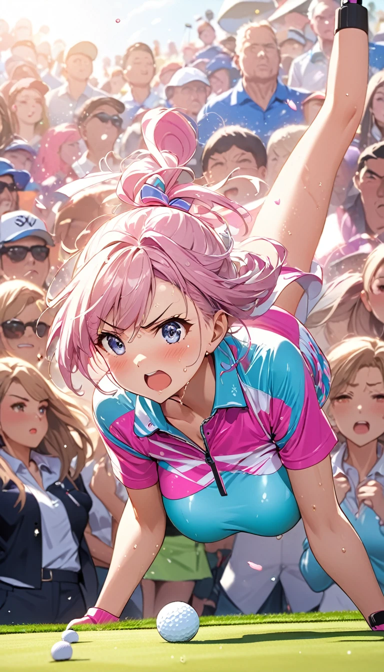 (Sports magazine cover photo), Highest quality, Great quality, 16K, Unbelievably absurd, Very detailed, delicate and dynamic, Natural light, The particles reflect light, Diffuse reflection of light, Many rainbow-colored petals fall, Beautiful field, Sparkling Sun, Diffuse reflection of light, Create amazing image effects, , Wet, sweating, golf, Hitting a Golf Ball, Sun visor, Close-up(Cute sexy girl, big bouncing busts, Sensual expression, Cool girl, Serious, passion, Dynamic, Flashy golf wear, ,audience , much-air-laden cheer)
