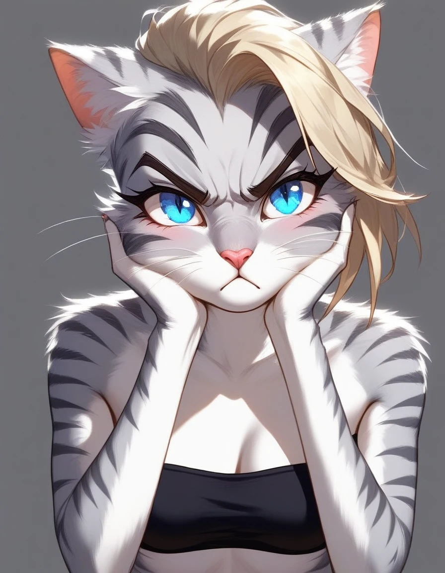 score_9,score_8_up,score_7_up, kemono style, source_cartoon, kat, Anthro furry feline, female, tall slender body, blonde, long undercut hair, pink nose, blues eyes, furrowed eyebrows, mouth open, white whiskers, hourglass figure, silver fur, grey stripes, furry body, naked, simple background