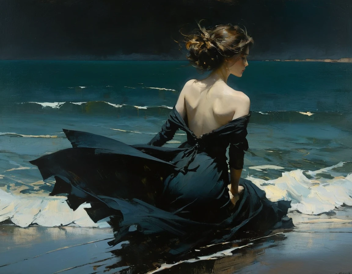  of the sea. Masterpiece. Best quality. Beautiful cinematic impressionistic painting, Dark dramatic character, in the style of Jeremy Mann and Charles Dana Gibson, Mark Demsteader, Paul Hedley