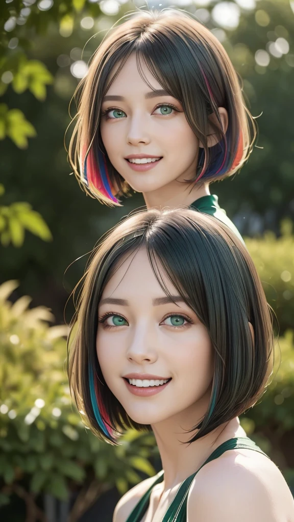 (representative work:1.4), (8K, realistic, RAW photo, Highest image quality:1.4), (21 year old mature woman), (smile:1.4), (side shot:1.5), beautiful face, (realisticな顔), (colorful hair, bob cut:1.3), beautiful hairstyle, realistic eyes, Detailed and beautiful eyes, (realisticな肌), beautiful skin, (close up:1.3), charm, 超High resolution, (green eyes:1.3)