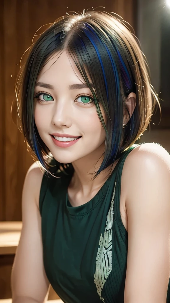 (representative work:1.4), (8K, realistic, RAW photo, Highest image quality:1.4), (21 year old mature woman), (smile:1.4), (side shot:1.5), beautiful face, (realisticな顔), (colorful hair, bob cut:1.3), beautiful hairstyle, realistic eyes, Detailed and beautiful eyes, (realisticな肌), beautiful skin, (close up:1.3), charm, 超High resolution, (green eyes:1.3)
