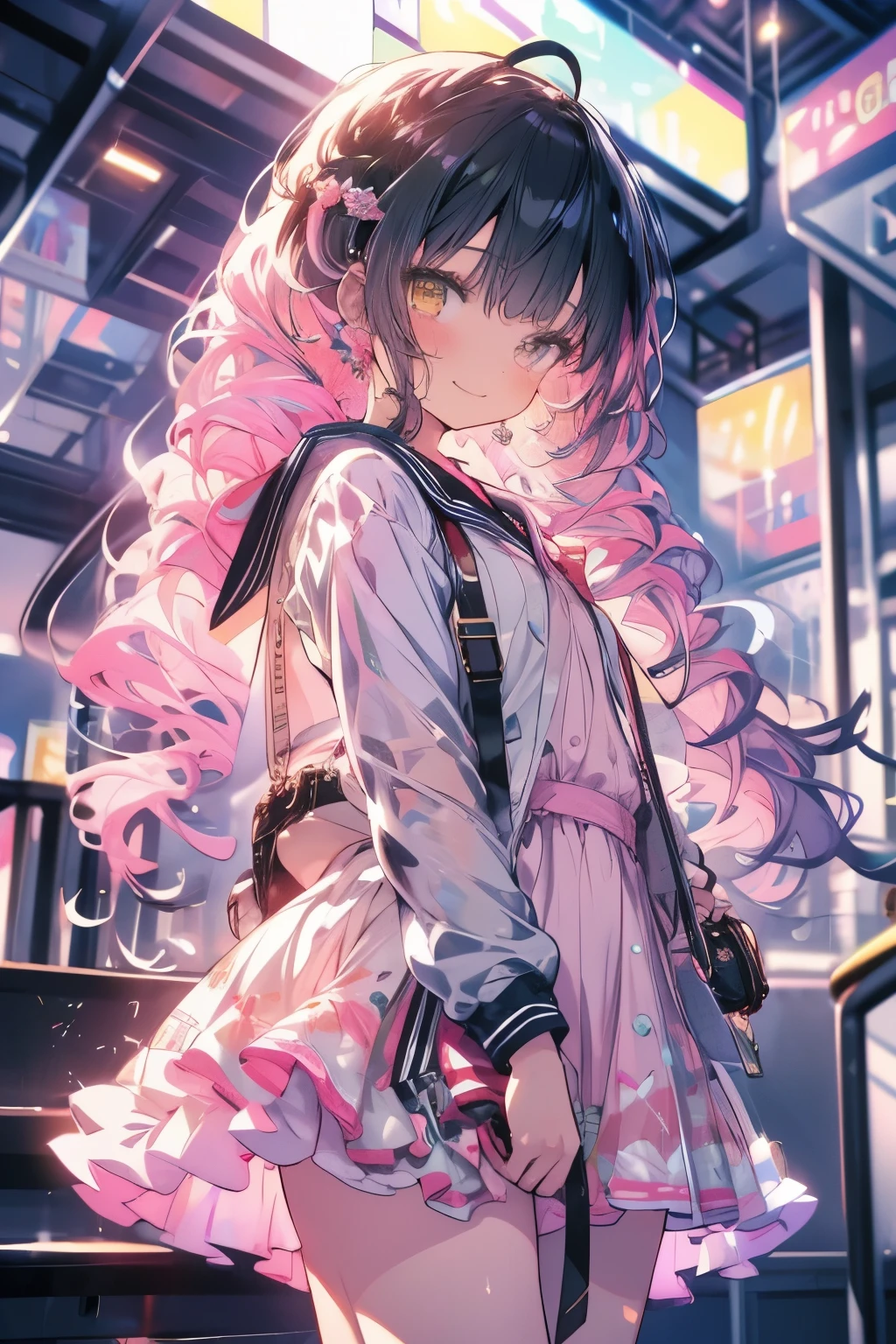 masterpieces.((Highest quality)), ((masterpiece)), (detailed), One girl, Pink Hair、Long Hair、Fair skin、White dresasterpiece、smile、Yellow Eyes、Anime Girls, 魅惑的なAnime Girls, Small curves , Beautiful and attractive anime , Highest rated on pixiv, Pixiv 3DCG, 非常にdetailed,、Young Girl、Virgins、Sailor suit