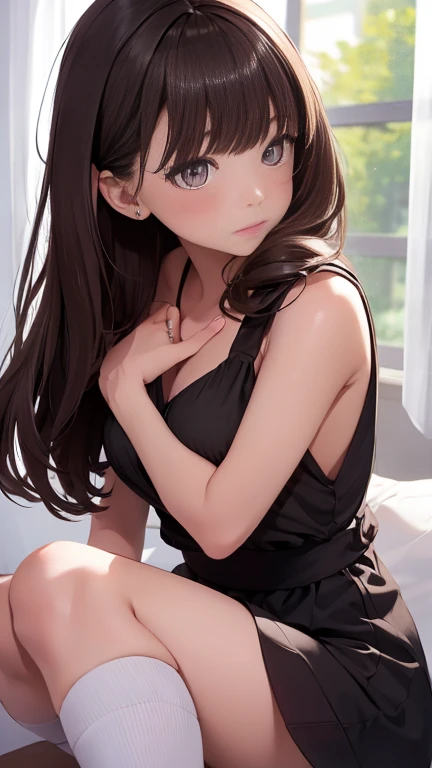 1 girl,alone,chest,Knee socks,chestの谷間,liar,~ ~ side,Looking at the audience,Long Hair,large chest,With my hands on my head,bed,Strap slip,indoor,lips,on bed,Black Hair,dress,Realistic,black dress,black eye,Dutch Angle,Brown Hair,curtain,Window -- Automatic