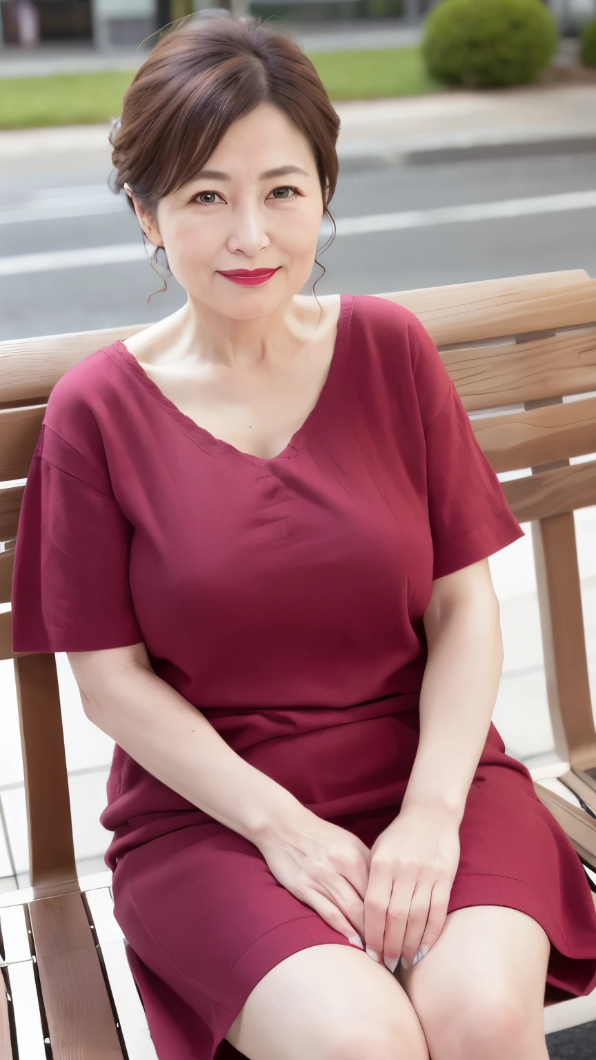 sitting on a park bench, Wrinkles around the eyes, Smiling with teeth showing, Plain short-sleeved clothing, senior citizen, Draw lips correctly, Red lipstick, No discomfort, 16K, Highest quality, Very detailed, Realistic, Very detailed肌, Japanese, alone, 60 years old, Large Breasts, , Glamour, sexy, , Staring straight ahead,