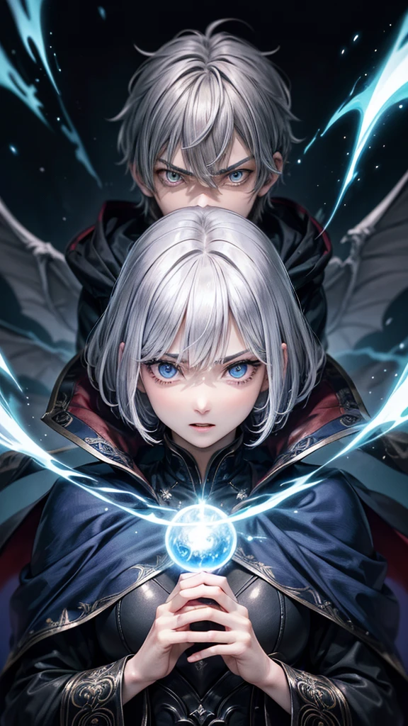 (Highest quality,Very detailed,High resolution:1.2),One adult male,Silver Hair,The most beautiful young man in human history,(1 photo from the front),Dark blue eyes (Dark blue eyes:1.1),さみし気なaura(aura:1.1),(mysterious,Ghostly:1.1) atmosphere,Looks like half a demon,(Demonic traits,Demonic traits),(Elaborate,wonderful) ,Strong Body、Shortcuts、Use magic、auraが漂う、Cape、Stocky physique、Confident expression、Very short hair、The bangs are swept to the side、Permed hair、Sharp eyes、Has a glowing blue fireball、Emits a flash of light from the body、Are standing、((Very angry))