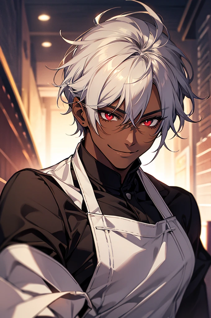 male 1 person Dark Skin Red eyes smile Cafe staff whole body Character portrait